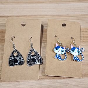 Handmade Blue Tiger Cat & Ouija Board Eye Earrings Set